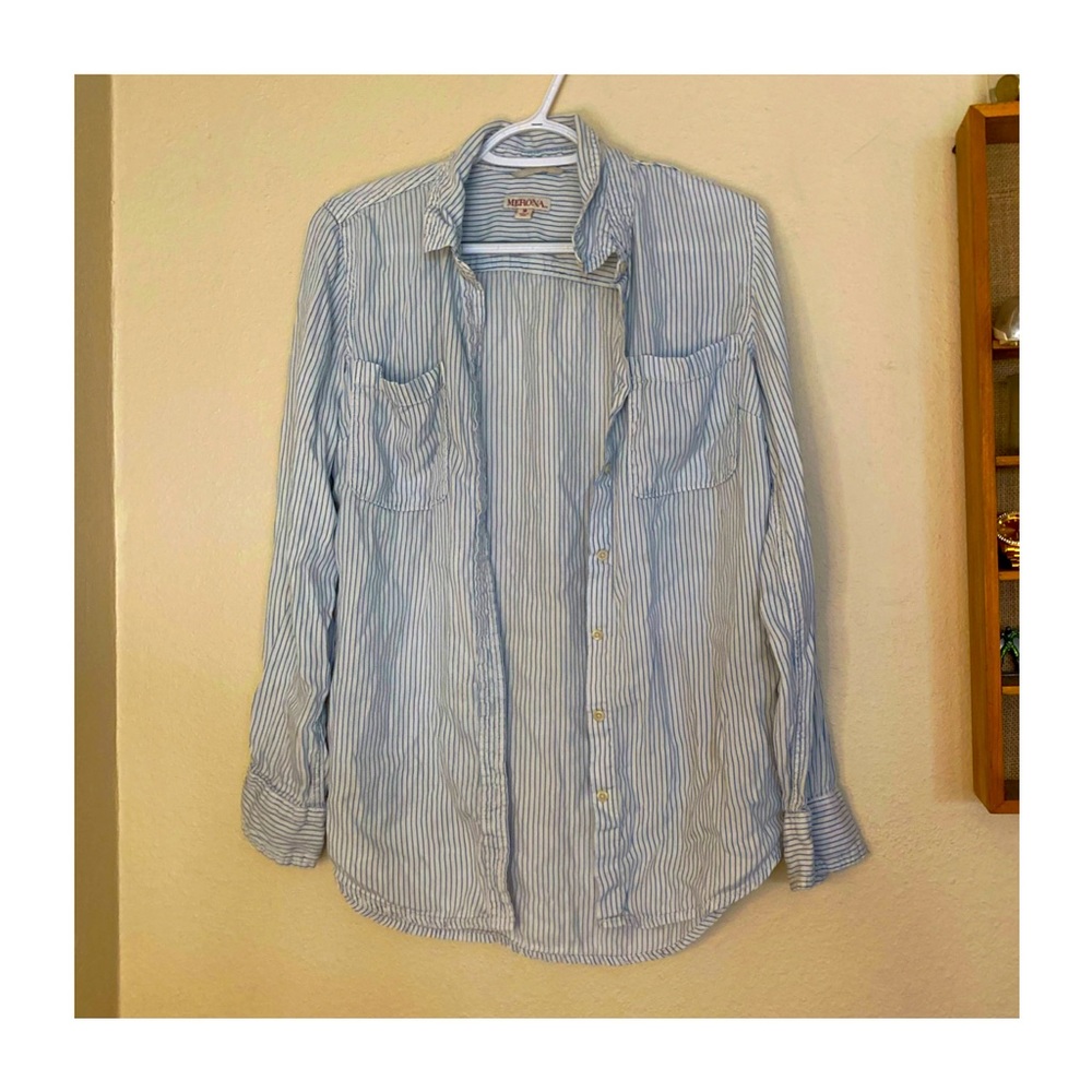 Blue and white striped button up